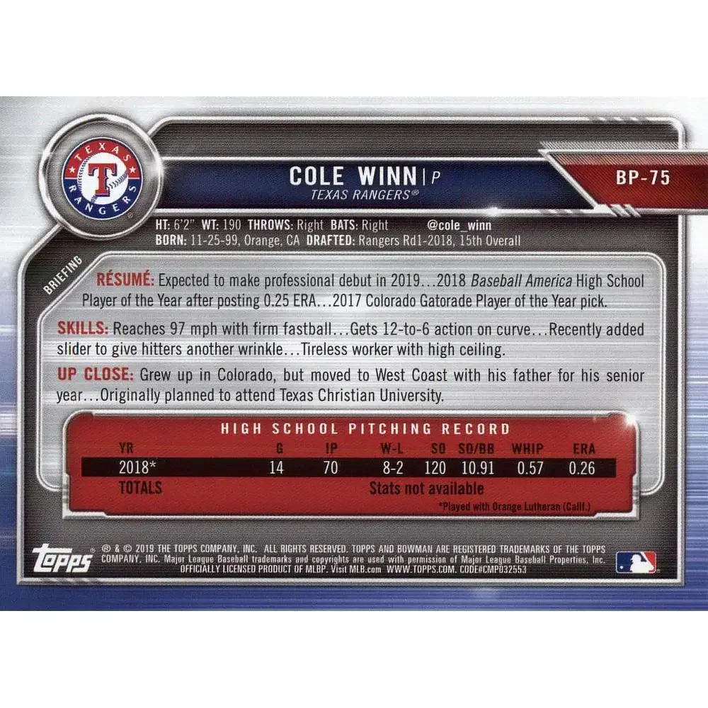 2019 Bowman Prospects Cole Winn #BP-75 Texas Rangers